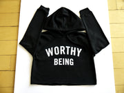 WORTHY BEING, The Signature Crop Hoodie [Black + White]