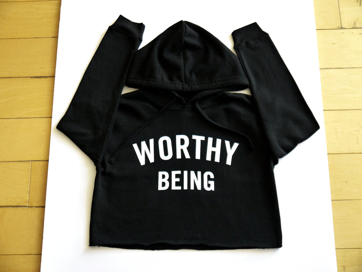 WORTHY BEING, The Signature Crop Hoodie [Black + White]