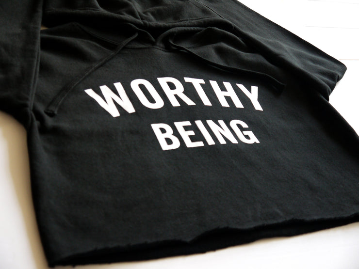 WORTHY BEING, The Signature Crop Hoodie [Black + White]