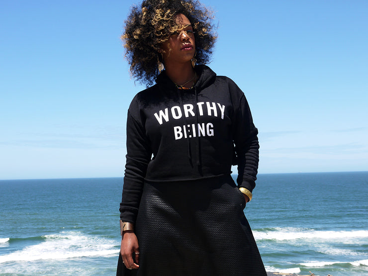 WORTHY BEING, The Signature Crop Hoodie [Black + White]