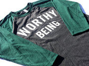 WORTHY BEING, The Signature 3/4 Baseball Tee [Heather Gray + Forest Green]